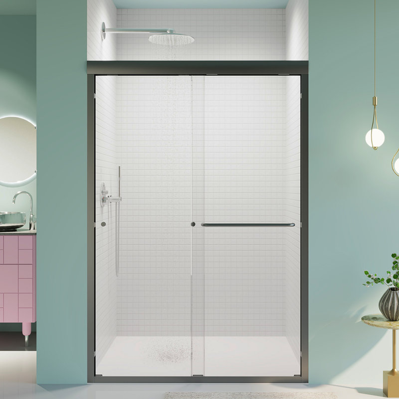 44"-48"W*72" H Semi-Frameless Double Sliding Shower Door, Bypass Shower Door, 1/4" (6Mm) Thick SGCC Tempered Glass Door, Matte Black
