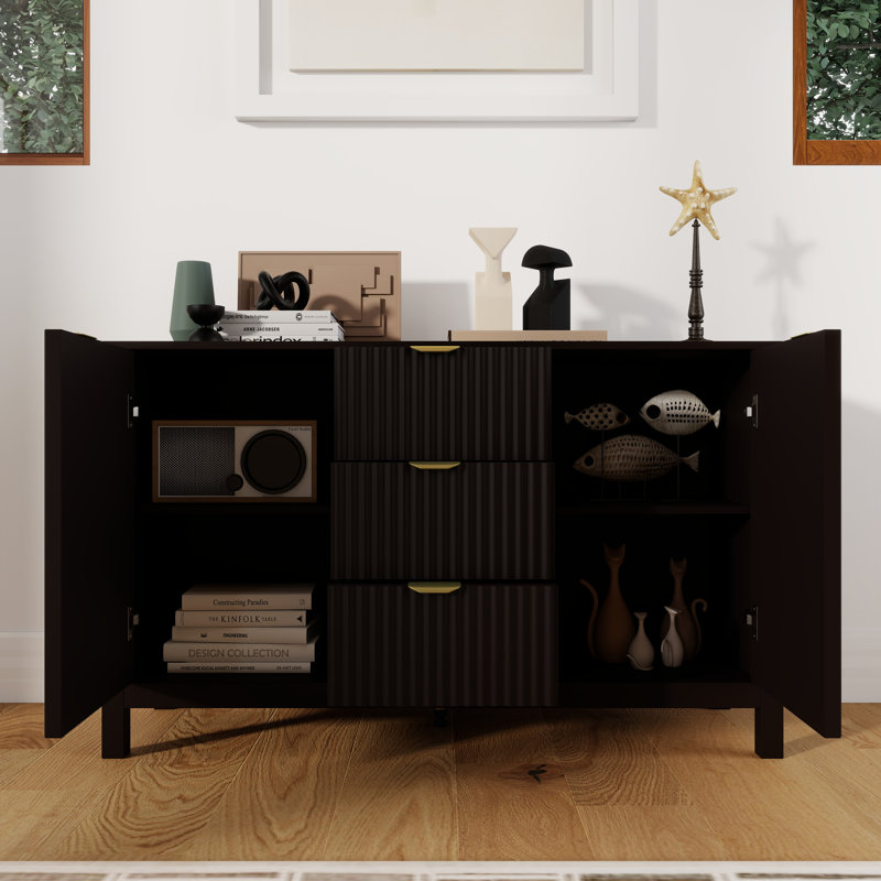 Wood Storage Sideboard With Three-Dimensional Relief Striping Doors,47'',Adjustable Shelves And Drawers,Modern Minimalist Style