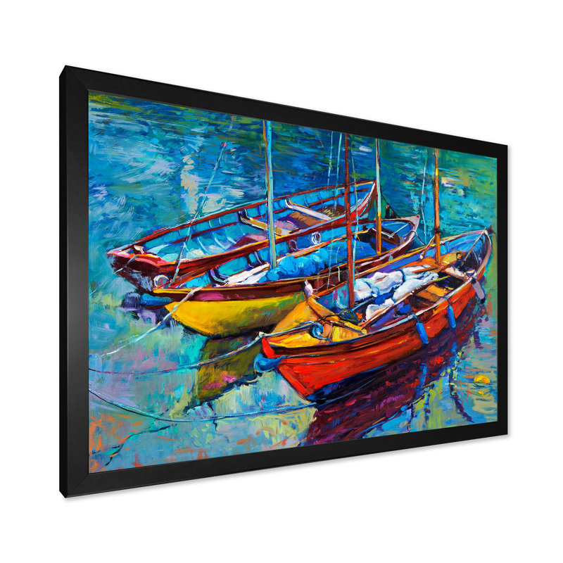 Trois bateaux dans le port - Peinture sur toile, H 12 po x l 20 po x p 1 po, Cadre photo noir