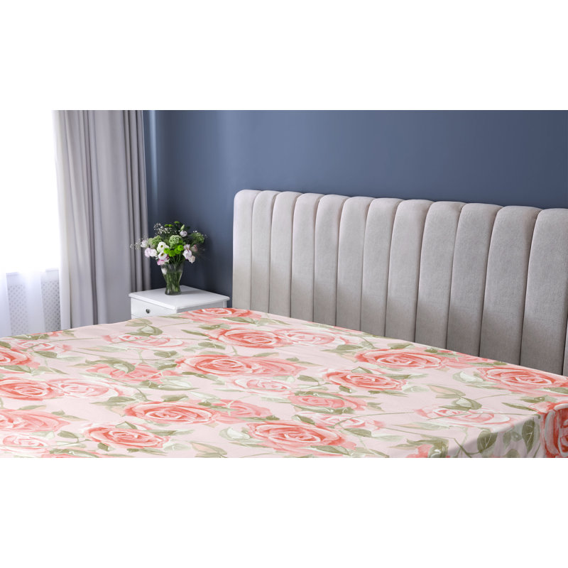 Drap-housse Ambesonne, Drap-housse très grand californien, Corail, vert paon, rosé / floral