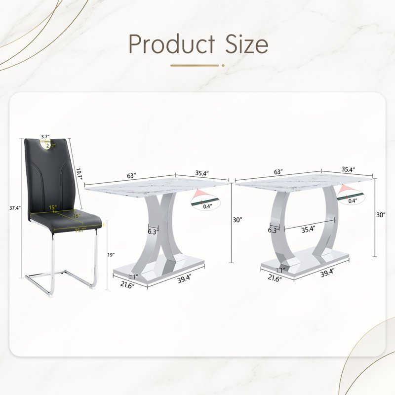 Ensemble de salle à manger à pieds en acier inoxydable avec plateau en verre trempé blanc de 63 pouces et 6 fauteuils en forme de U, design minimaliste moderne