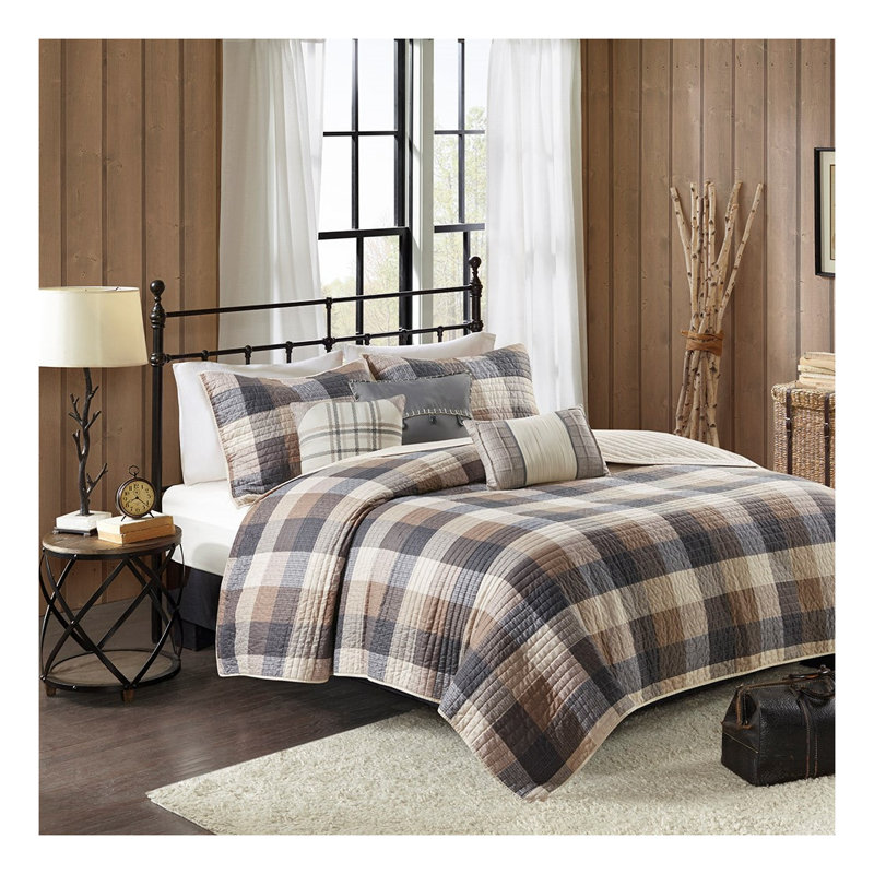 Ensemble de courtepointe 6 pièces de style campagnard à chevrons avec coussins décoratifs - motif écossais neutre Buffalo pour lit double / grand
