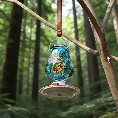 Mangeoire à colibri en verre soufflé à la main pour l'extérieur avec douves de fourmis et 5 ports d'alimentation, capacité de 22 onces, conception étanche, facile à remplir et à nettoyer