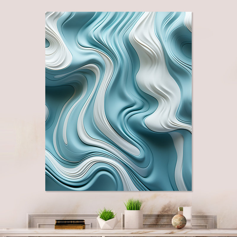 «Blue and White Wave Tiles Impressions I», art mural vagues en métal, impression sur métal bord de mer