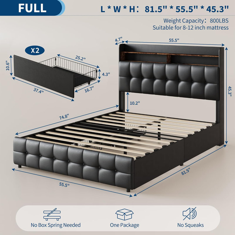 Structure de lit grand / double rembourré avec lumières DEL, tête de lit et 2 tiroirs de rangement, prise de charge et ports USB, tissu moelleux doux, silencieux