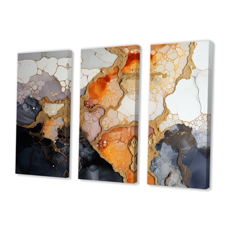 «Slab Structures» - ensemble d'art mural en marbre orange, blanc et noir, H 28 po x l 36 po x P 1 po, Toile tendue