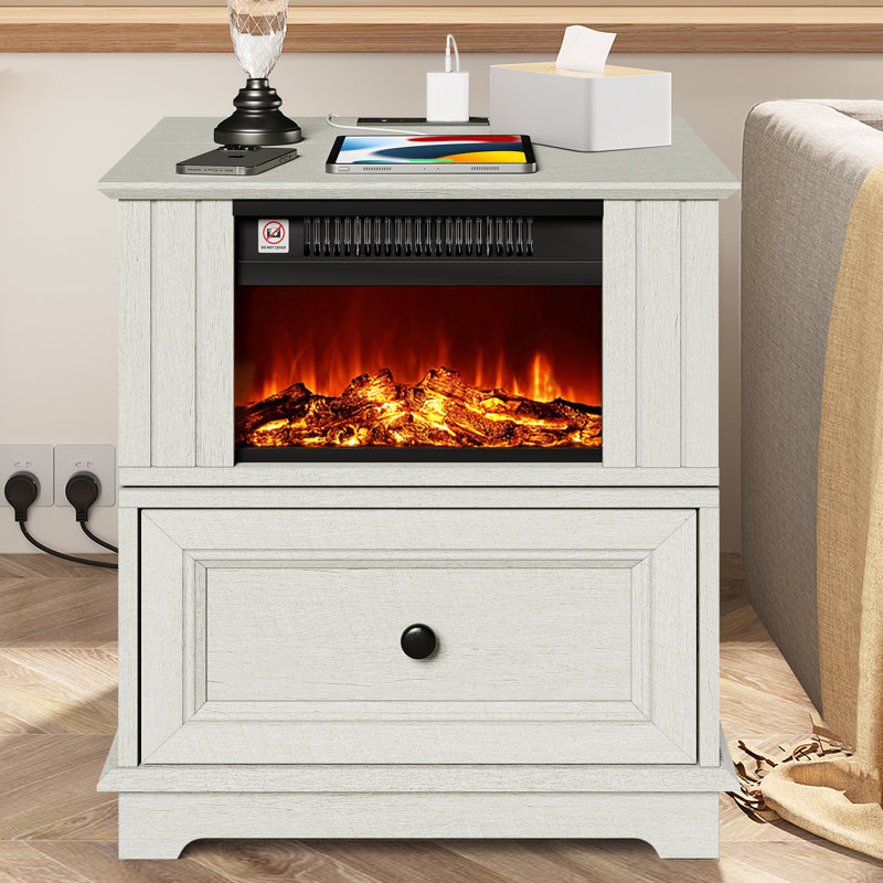 Bilbe 23''Tall Freestanding Electric Fireplace Heater End Table with Drawer and Built-in Outlets, White