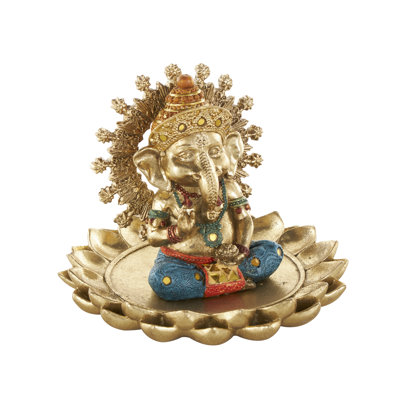 Sashya Resin Ganesh Decorative Gold Sculpture with Lotus Plate and Colorful Dresswear
