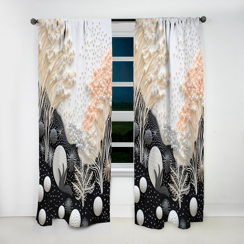 Gezana Abstract Black And White Corals Reef IV - Nautical Velvet Curtain - Room Darkening - 1 panel, 52" W x 108" L
