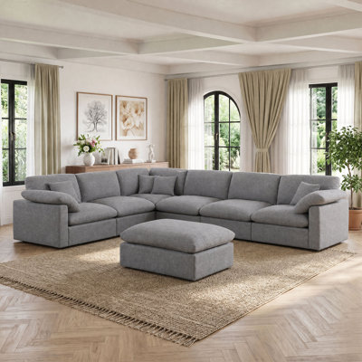144" Chenille Sectional Corner Sofa 7-Seat Oversized Cloud Modular Deep Seat Couch With Upholstered Removable Ottoman