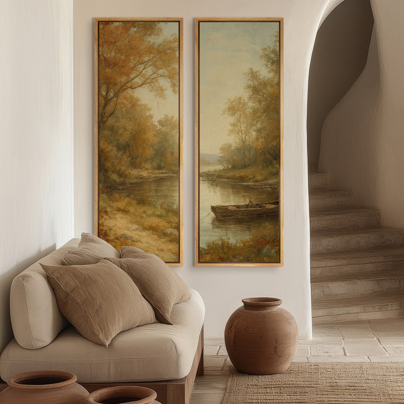 Paysage d'automne avec embarcation rustique en barque, ensemble de 2 reproductions d'art encadrées sur toile 60 po x 20 po x 2 pièces