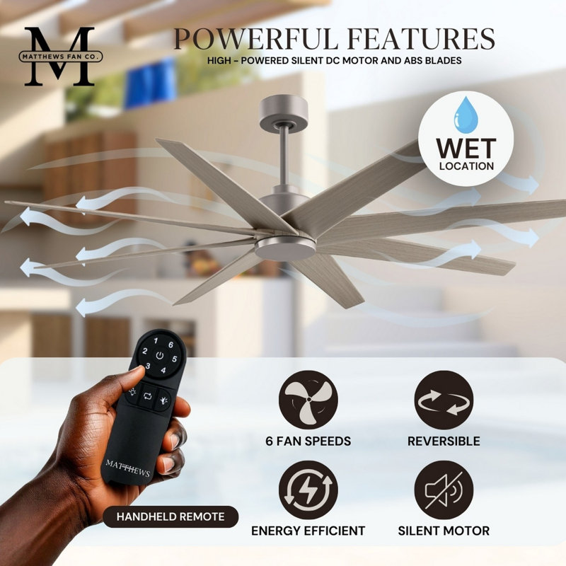 Ariella - Eight Blade Ceiling Fan - Brushed Brass Finish - Matte Black Blades, Brushed Nickel, Gray Ash Tone