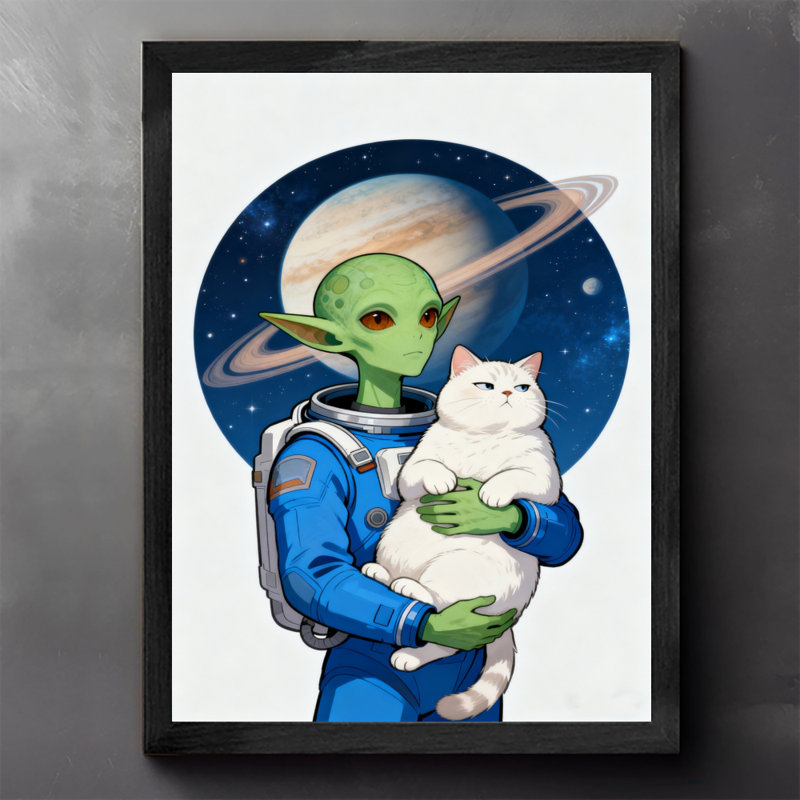 «Alien» encadré noir tenant un joli chat blanc dans l'espace, impressions sur toile de style rétro, H 17 po x l 13 po