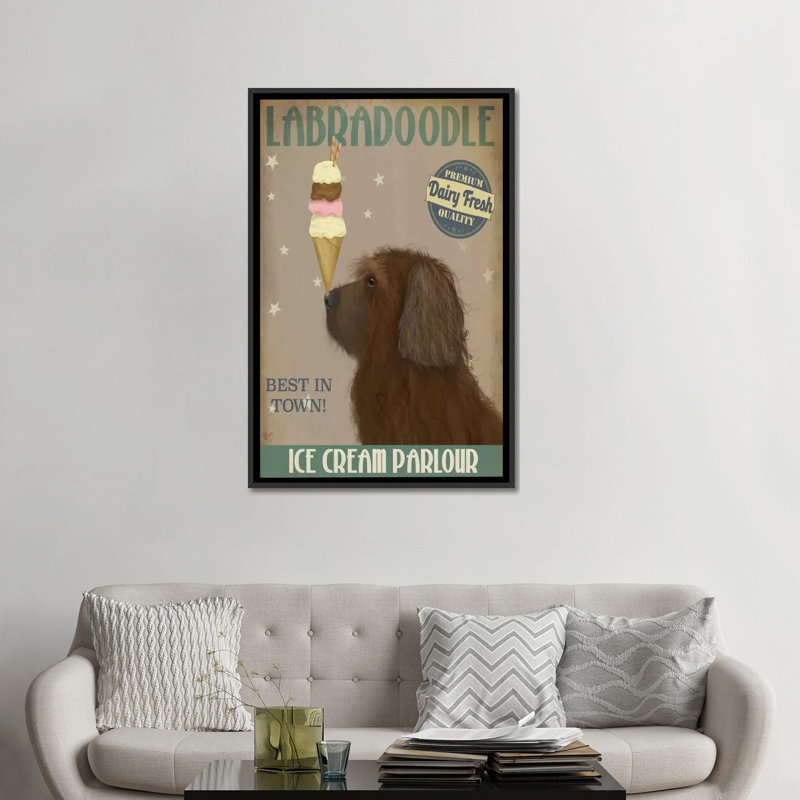 Impression sur toile tendue Fab Funky «Labradoodle Ice Cream», Toile avec cadre noir, H 26 po x l 18 po x P 1,5 po