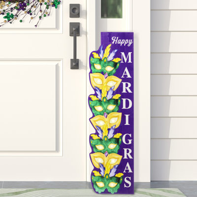 41.75"H Mardi Gras Lighted Wooden Stacked Masks Porch Decor W/Timer