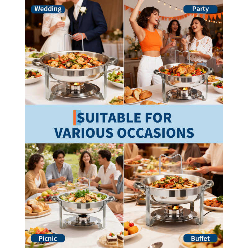 Ensemble de 4 chauffe-plats ronds et chauds avec couvercle en verre Chafing Vaisselle pour buffet, 5 pintes, argent