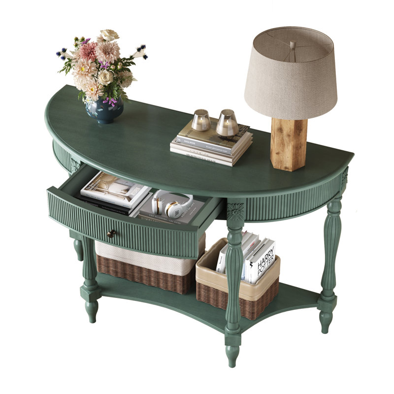 Console demi-lune en bois massif avec tiroir et tablette, Rustic Green