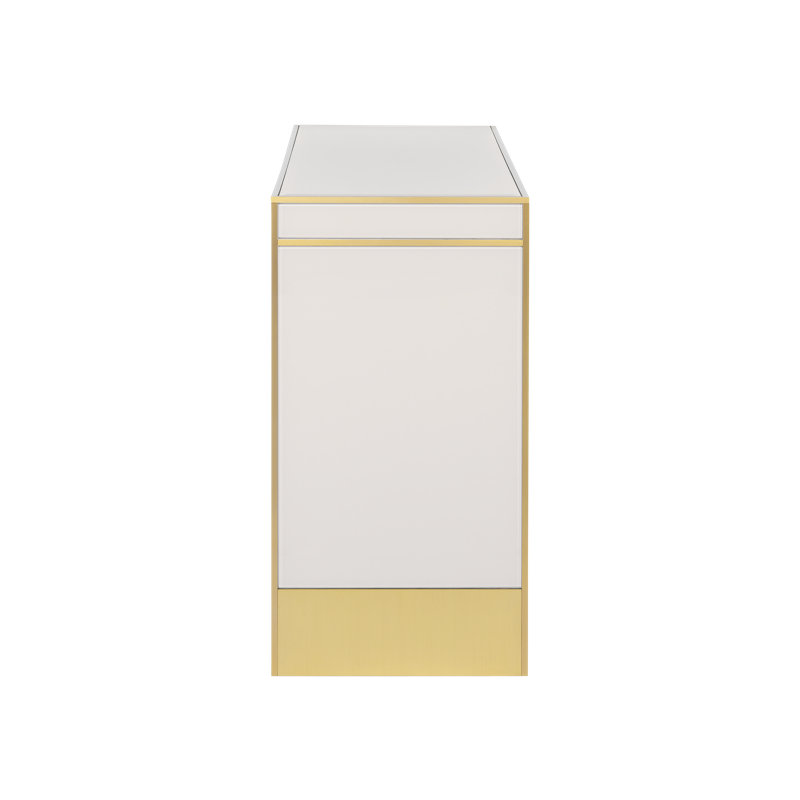 Ivory and Gold Glass Top Console Table with Brass Accents