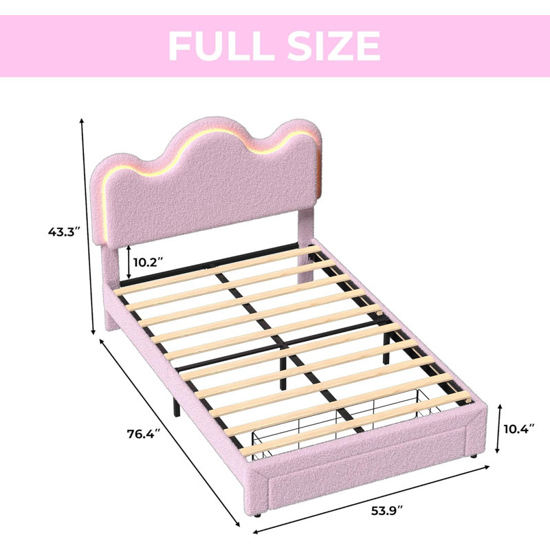 Upholstered Princess Platform Bed Frame with LED Lights, Flower-Shaped Headboard & Storage Drawers, Boucle Fabric Kids Bed, No Box Spring Required