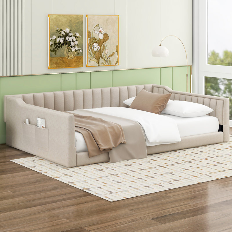 Upholstery Daybed With Side Storage Pocket, Beige - Comfortable And Functional For Any Room, Full XL, Beige