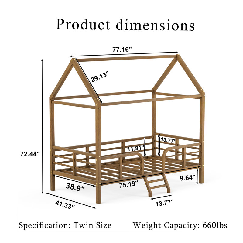 Lit cabane pour enfant avec toit et barrières de sécurité, lit plateforme bas en métal avec pieds pour faciliter la transition, taille simple, noyer