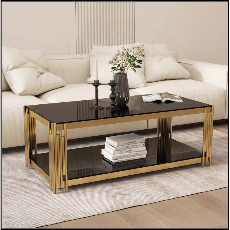 Table basse moderne à double couche rectangulaire avec verre trempé et pieds en métal doré pour les salons et les bureaux