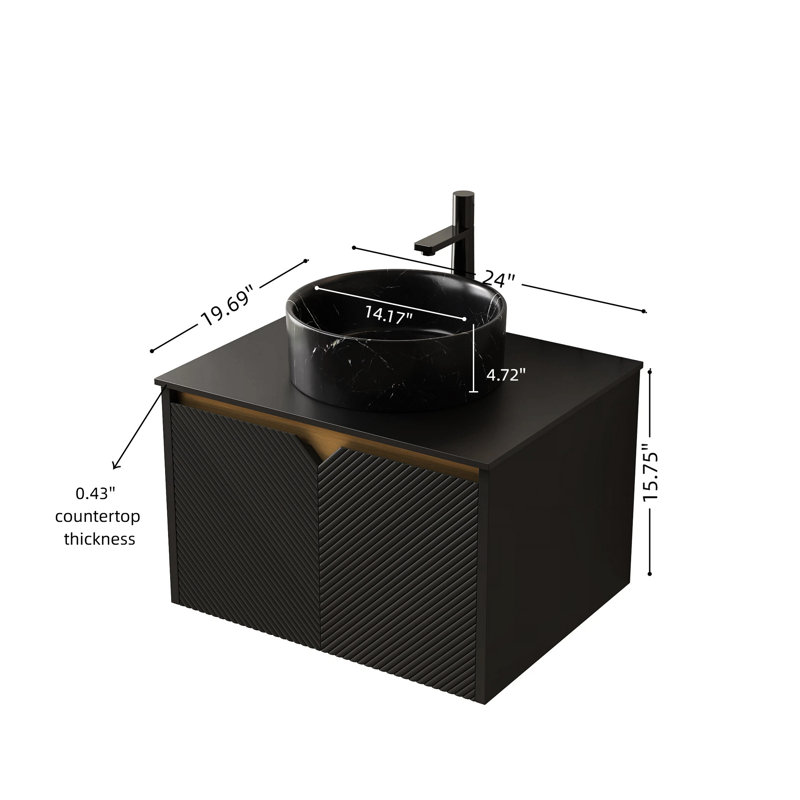 Meuble-lavabo flottant noir de 24 po en pierre: lavabo en céramique, comptoir fritté, armoire à double porte en sergé avec lavabo mural à fermeture en douceur, motif veiné gris, portes et fermeture