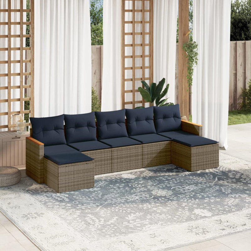 Ebern Designs 7 Piece Patio Sofa Set With Cushions Black Poly Rattan, Gray, Navy Blue