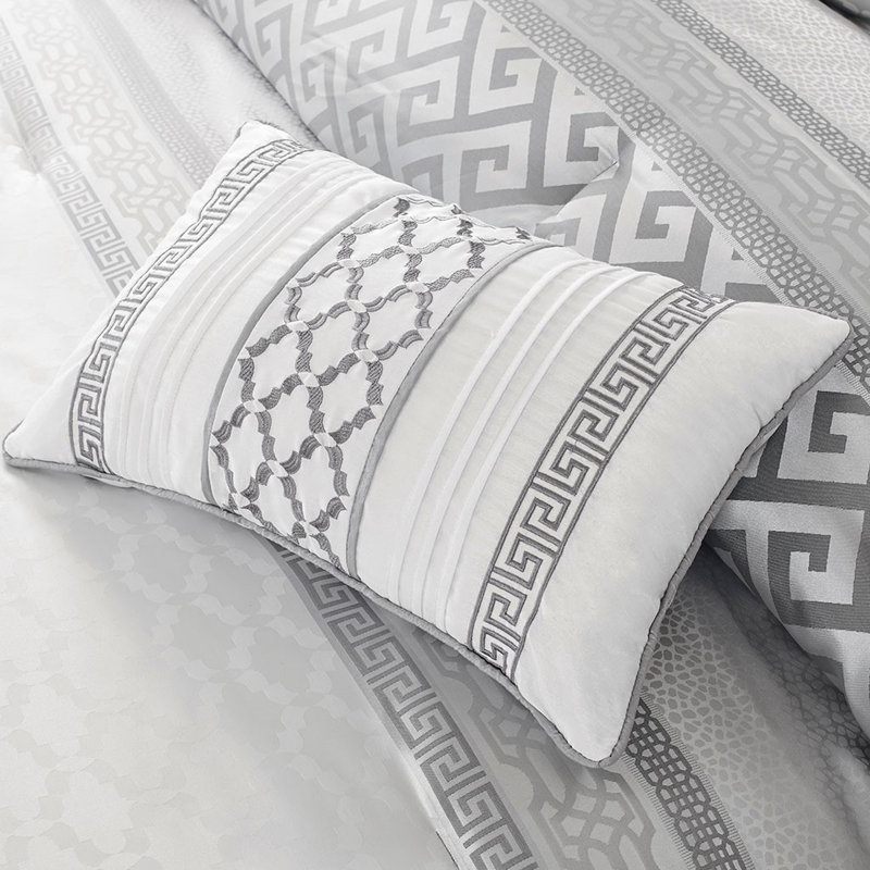 Édredon 7 pièces pour grand lit - Gris avec coussins de luxe imitation soie, Gris