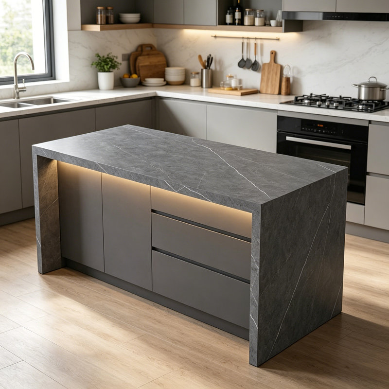 Îlot de cuisine moderne haut de gamme avec grand rangement - Poste de travail de cuisine contemporain pour un usage domestique
