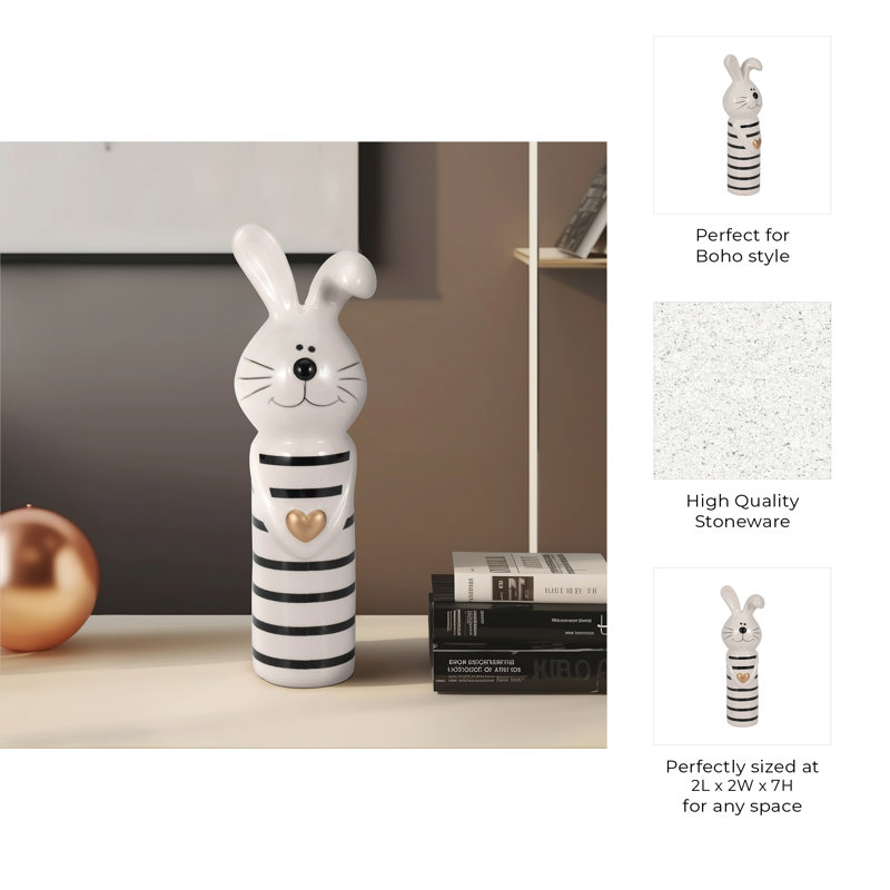 Decorative Ceramic Bunny Figurine Object for Home Decor - Decorative Sculpture Statue with Heart Accent for Living Room Decoration - Ivory & Black