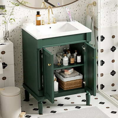 Meuble-lavabo 24 po avec lavabo supérieur, meuble de rangement moderne à 2 niveaux, meuble-lavabo simple, grandes tablettes de rangement