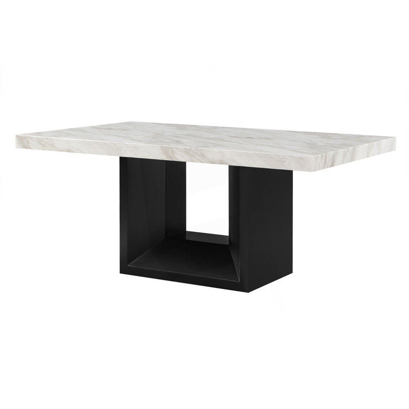 Table de salle à manger avec plateau en faux marbre et base riche, Blanc/Noir