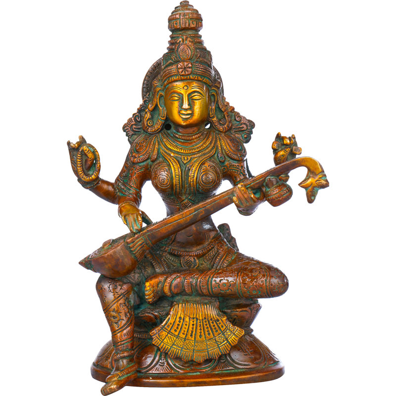 Figurine déesse Saraswati assise sur un lotus, Or rouge