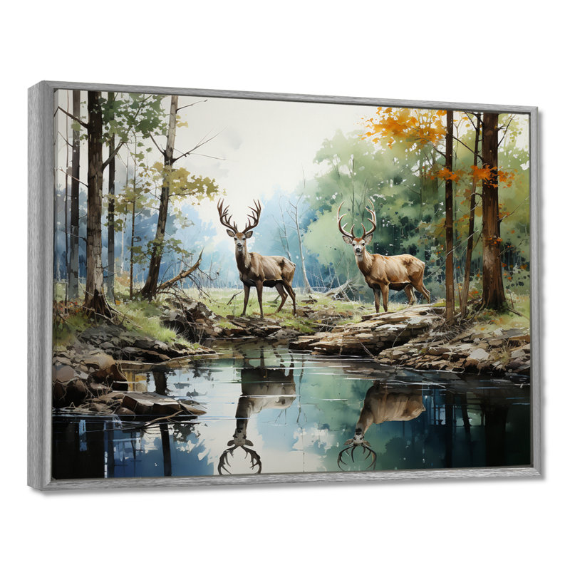 «Deer Majestic Reflections - Deer», reproduction d'art sur toile encadrée, H 24 po x l 32 po x P 1 po, Encadrement argenté