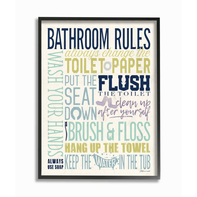 «Bathroom Rules Aqua Blue Green and Mauve Colorful» par Stephanie Workman Marrott - impression d'art textuel, Cadre noir