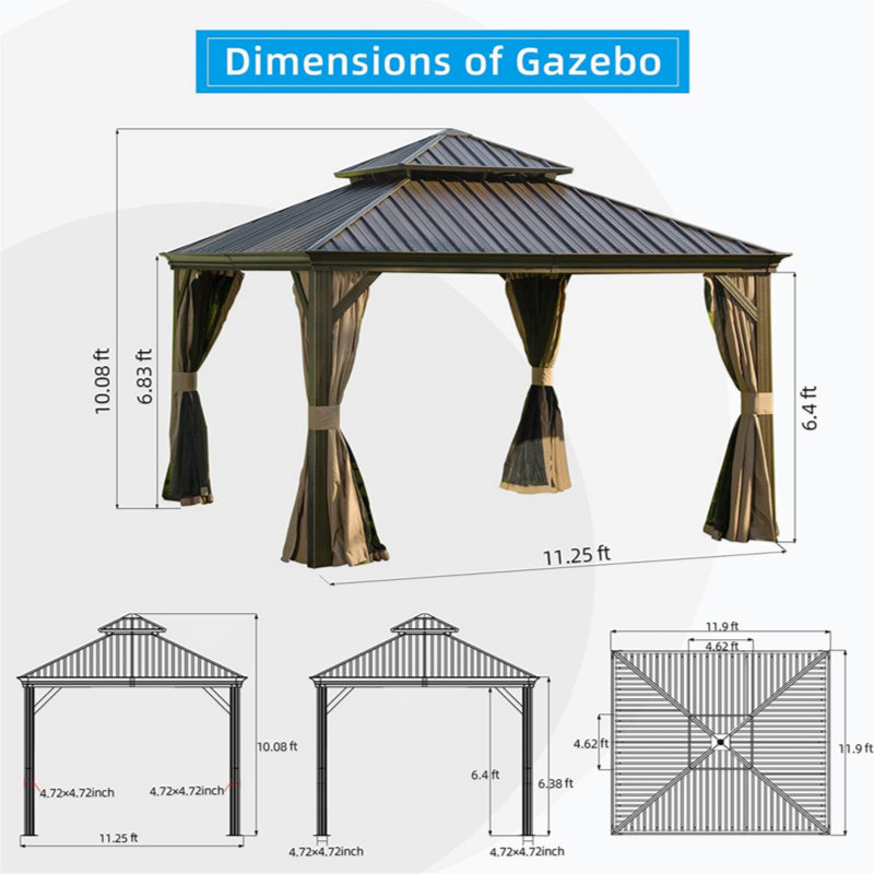 Outdoor Permanent Hardtop Gazebo Canopy, Gray, Gray, 120.96" H x 142.8" W x 142.8" D
