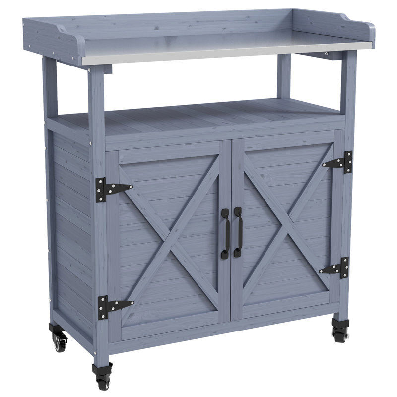 Outsunny Outdoor Potting Bench, Wooden Potting Table with Storage Cabinet, Aluminum Table Top, Rubber Wheels for Backyard, Patio, Balcony, Gray