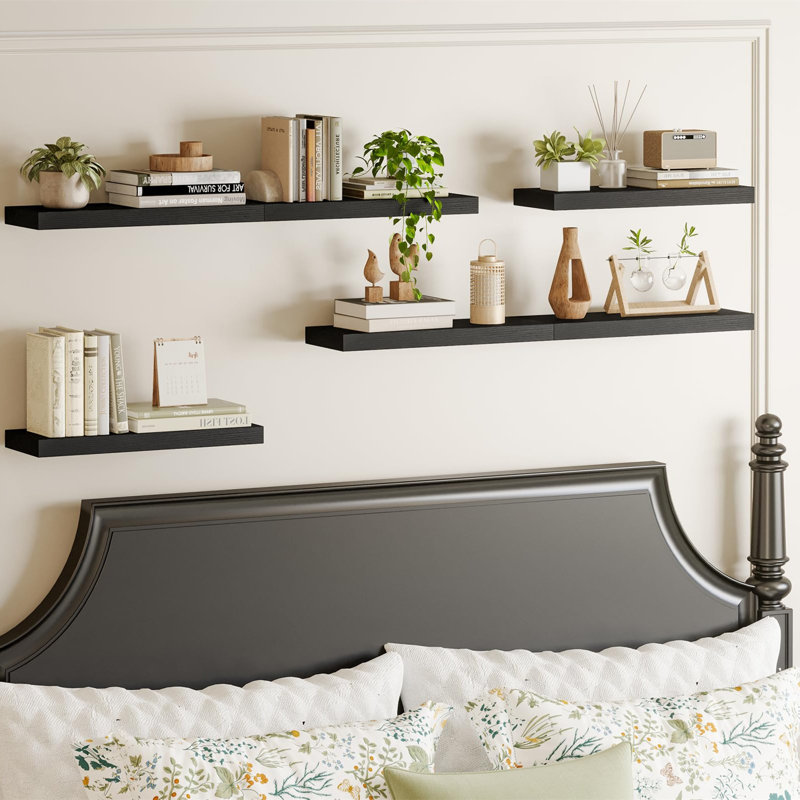 6 Pack 15.8 Inch Black Floating Shelves, Rustic Wood Grain MDF Wall Shelves Set With Hidden Brackets, 22Lb Capacity Farmhouse Shelves For Bathroom Bedroom Kitchen