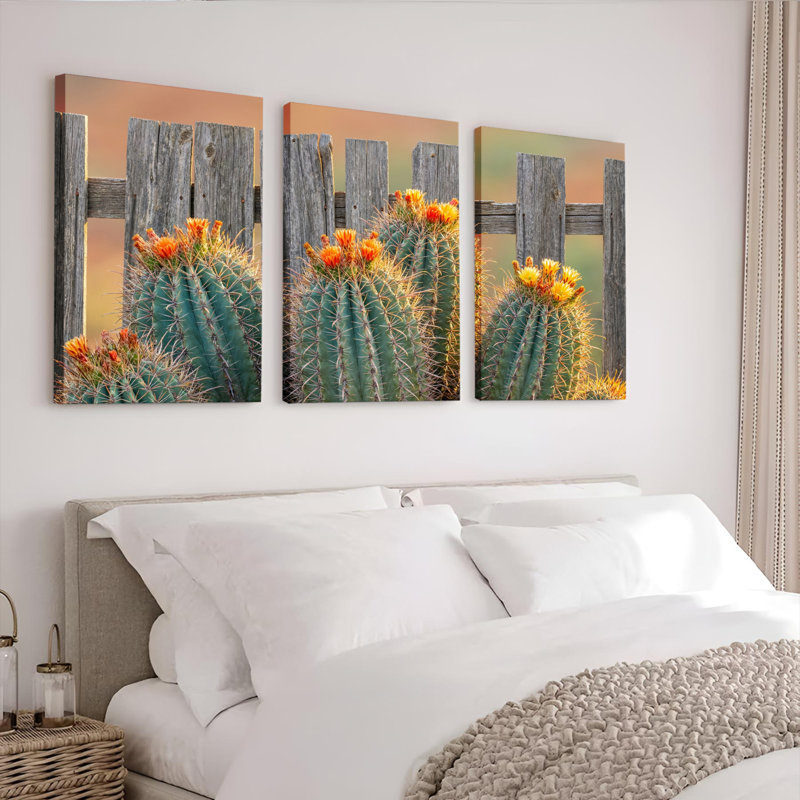 Ensemble de 3 tableaux sur toile représentant un cactus à fleurs orange et une clôture en bois, 2436
