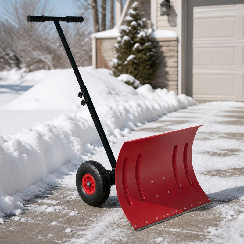 Wheeled Snow Pusher for Driveway, 51cm Wide Steel‑Blade Snow Shovel, 5‑Position Adjustable Ergonomic Handle, Back‑Saving Snow Removal Tool for Paths, Patios and Yards