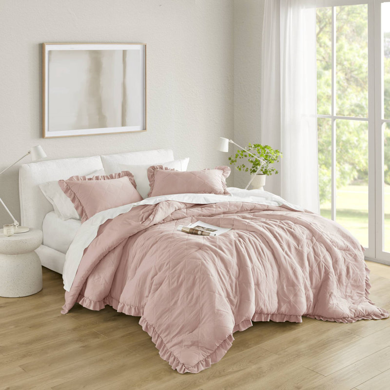 Elegant Blush Diamond Quilted Bedding Set, Microfiber Comforter With Ruffle Design