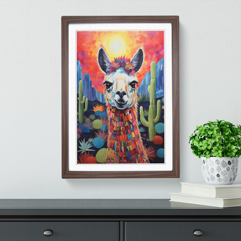 XYZ-FRM-V1223-4306 Llama Symbolism - Single Picture Frame Print on Wood, 34cm H x 25cm W x 2cm D, Walnut