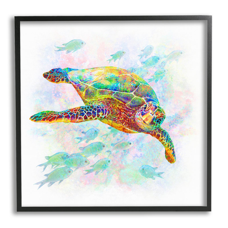 Kaleidoscopic Sea Turtle Speckled Rainbow Fish, giclée, ensemble d'art texturé par Michael Shelton, L 12 po x H 12 po