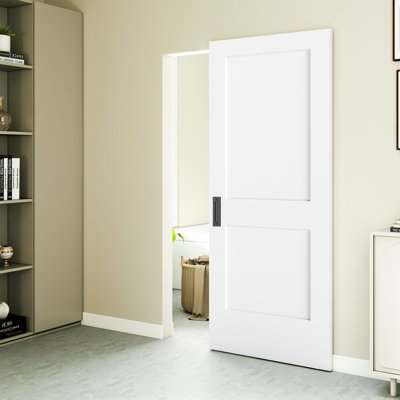 36"x84" Flat 2-Panel Smooth White Primed Hollow Core Concealed/invisible Magic Sliding Barn Doors With Installation Hardware Kit and Double Sided Matte Black Flush Pull