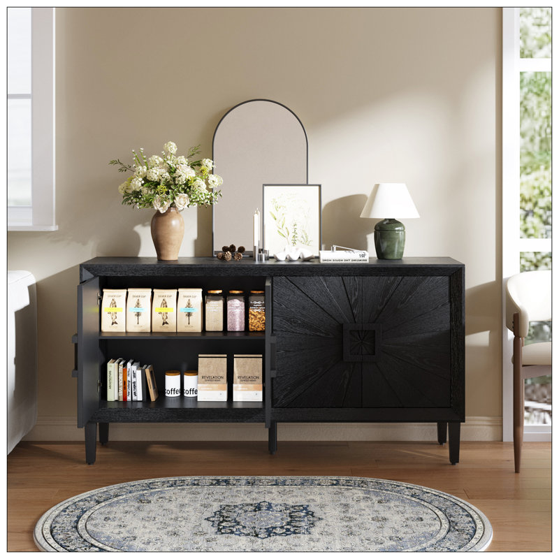 60" Premium Rustic American Farmhouse Credenza In Elegant Black - Symmetrical Sunburst Door Design, Heavy-Duty TV Stand With Adjustable Shelves, Black Wood Storage Cabinet