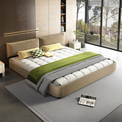 Structure de lit Cloud avec tête de lit mobile surdimensionnée et rembourrée, lit tapissier en chenille avec coin rond, support double à lattes en bois massif et en métal, aucun sommier nécessaire