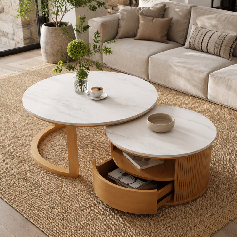 Table basse gigogne ronde avec plateau en placage de marbre blanc, rangement à 2 niveaux et 1 tiroir, naturel, 28,5 po
