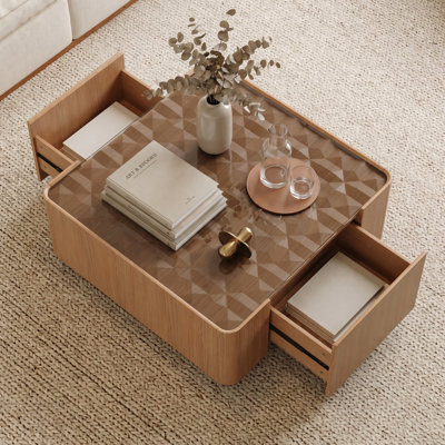 31.5" Modern Square Coffee Table With Glass Top & 2 Drawers, Wood Center Table For Living Room