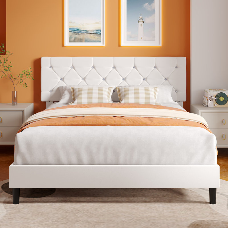 White Full Size Velvet Upholstered Platform Bed Frame With Diamond Tufted Headboard, Full, White